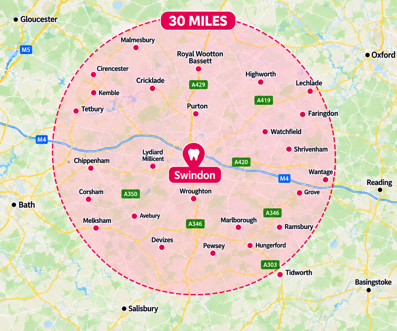 Reandon Smiles Coverage Area - Swindon, Cirencester and Cotswolds